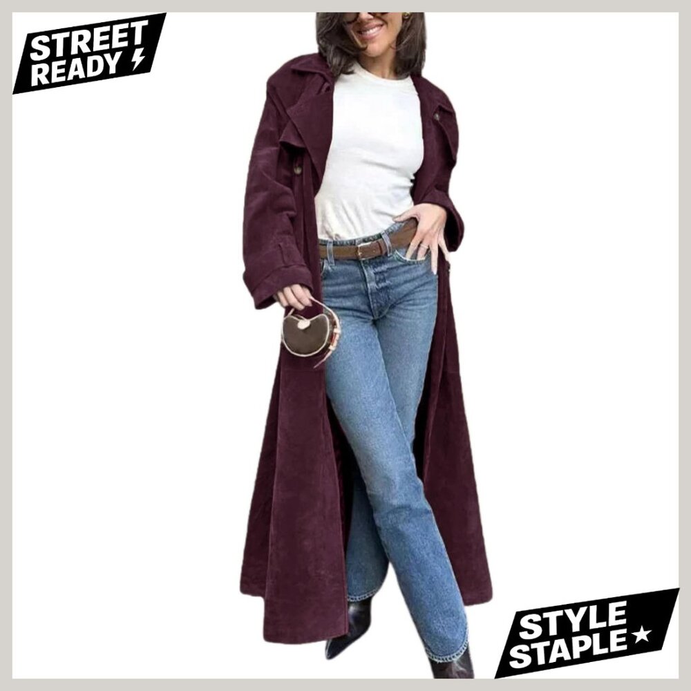 Faux Suede Long Trench Pea Coat Double Breasted Belted Slim Fit Overcoat